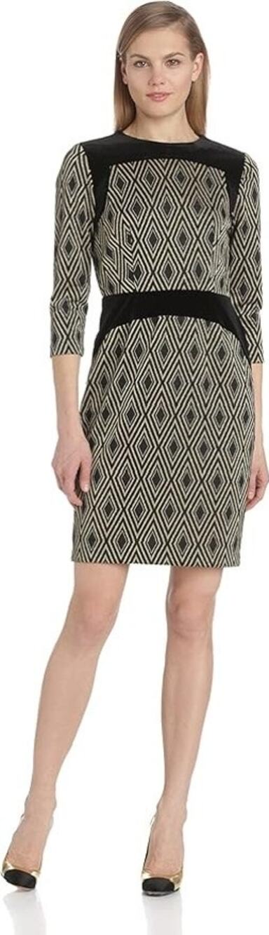 Gabby Skye Metallic Gold Black Velvet Diamond Argyle 3/4 Sleeve Sheath Dress 6